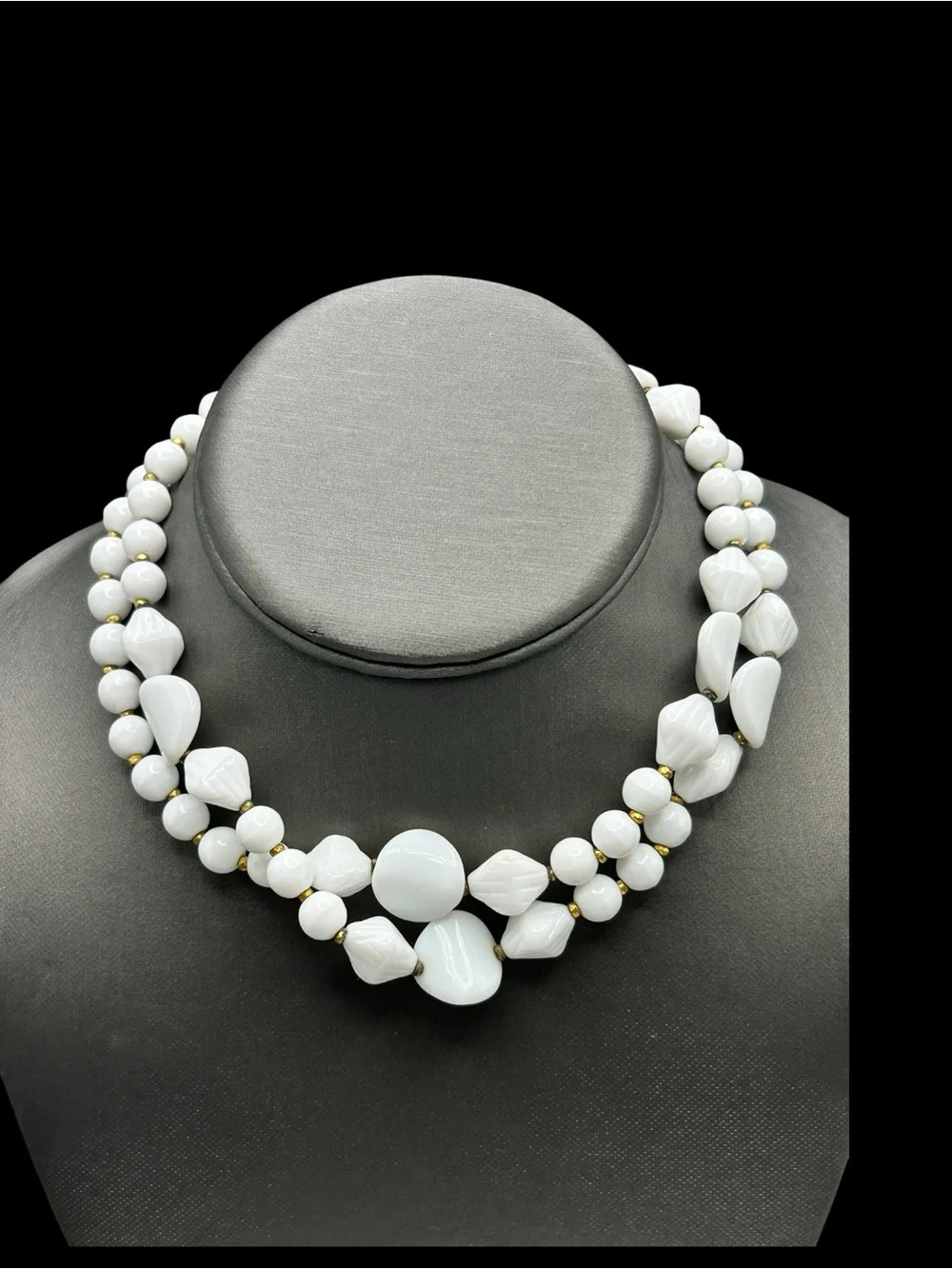 Vintage Signed Miriam Haskell Long Milk Glass Bead Necklace